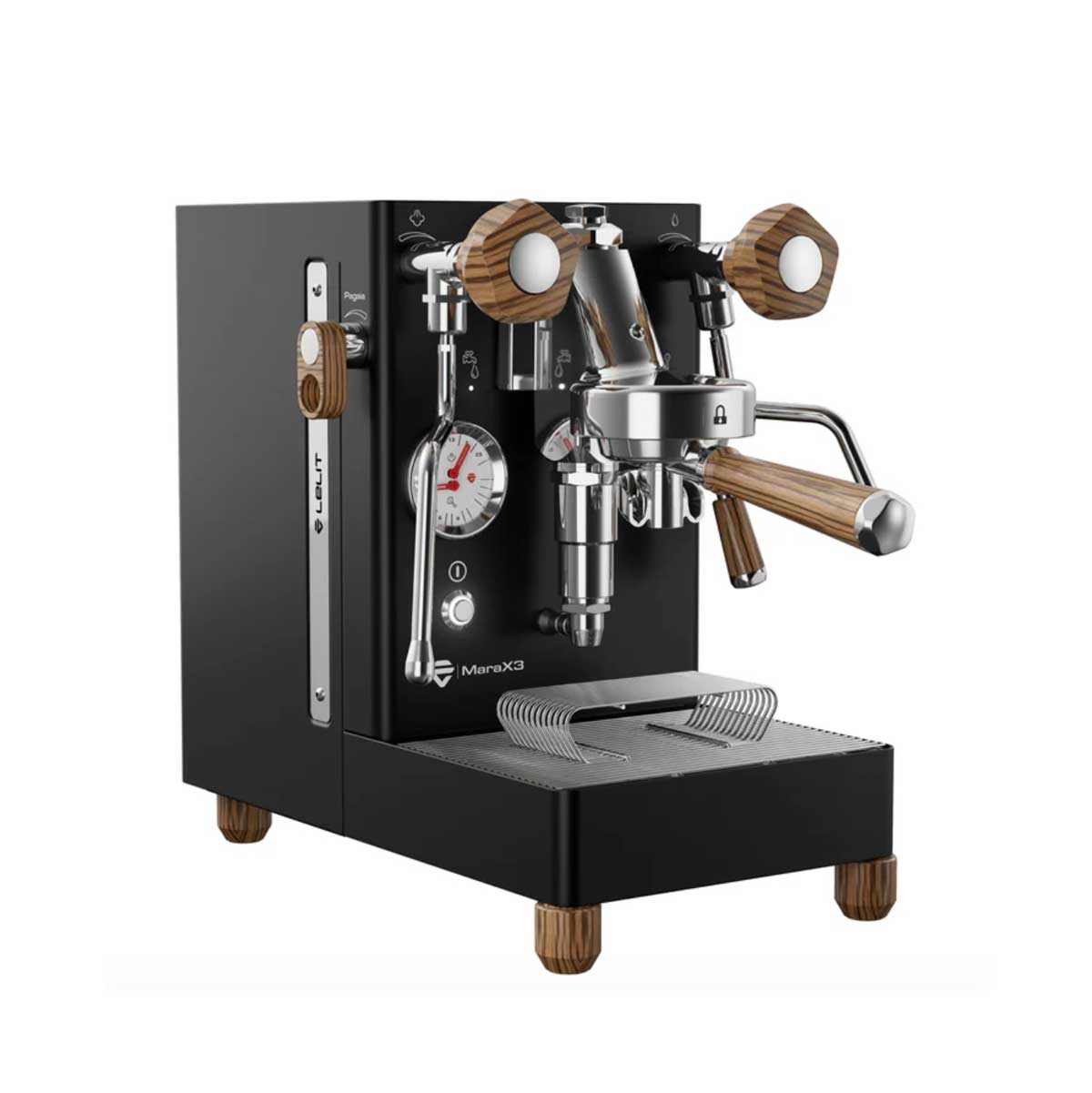 A black and stainless steel espresso machine with distinctive wooden accents on the portafilter handles, dials, and feet, shown against a plain white background.