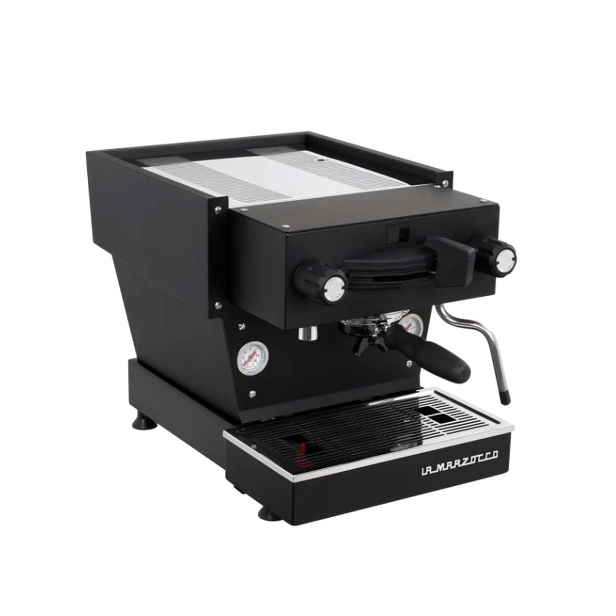 A La Marzocco Linea Mini espresso machine with a white body, black accents, and a stainless steel top.