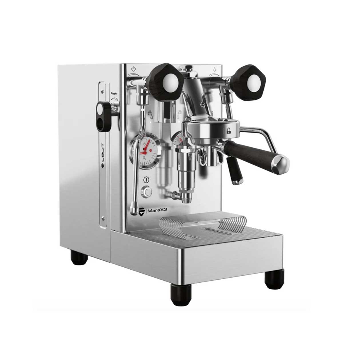A stainless steel commercial espresso machine with black accents, featuring a portafilter, steam wands, pressure gauge, and drip tray, photographed on a solid white background.