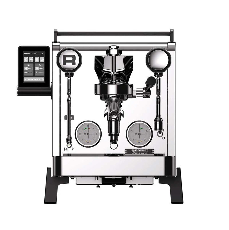 A professional espresso machine with a polished stainless steel body, black accents, dual analog pressure gauges, a digital touch screen control panel on the left, and a central portafilter holder, shown against a solid white background.
