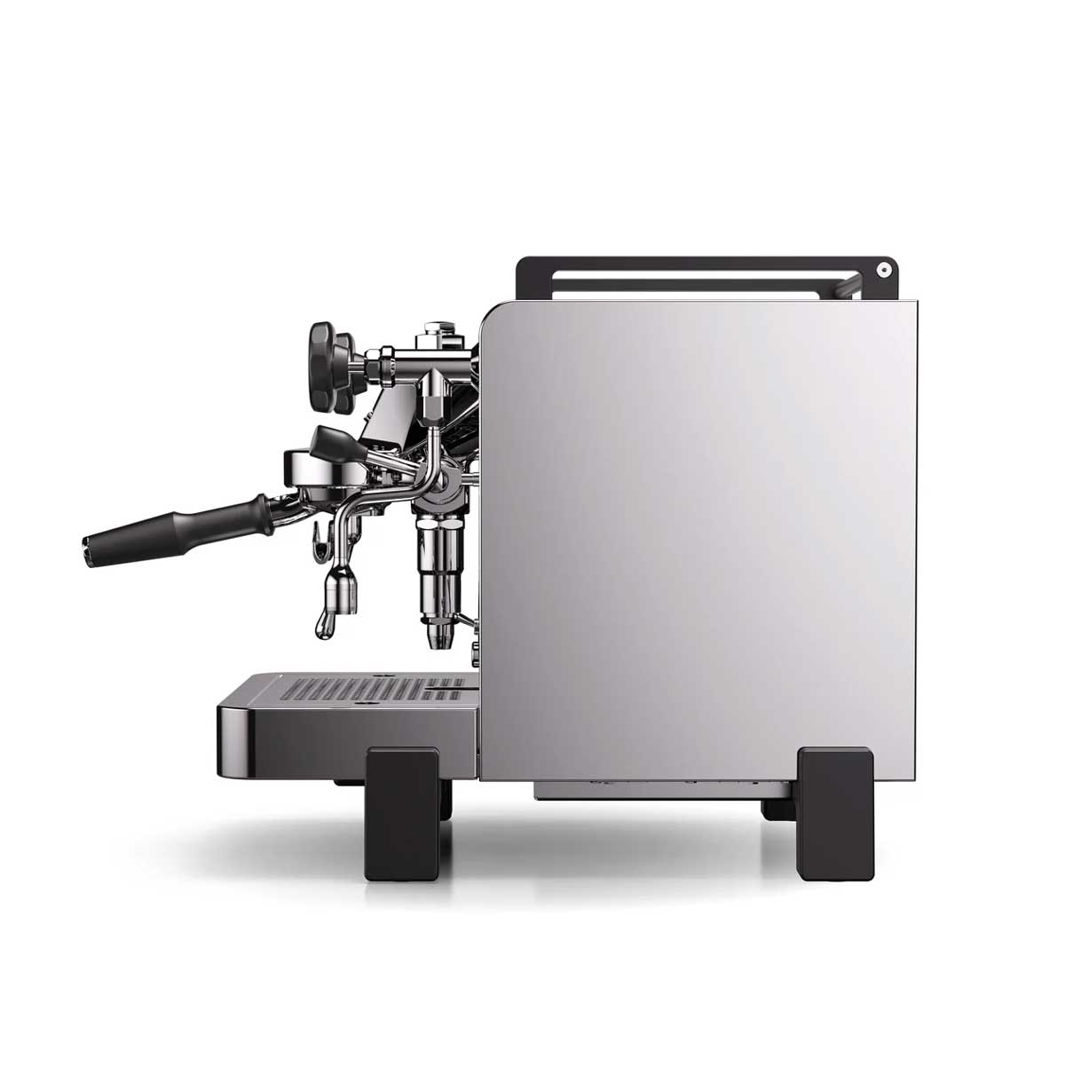 A modern espresso machine with a brushed silver metal body, black accents, and a black steam wand handle, shown from a three-quarters angle on a white background.