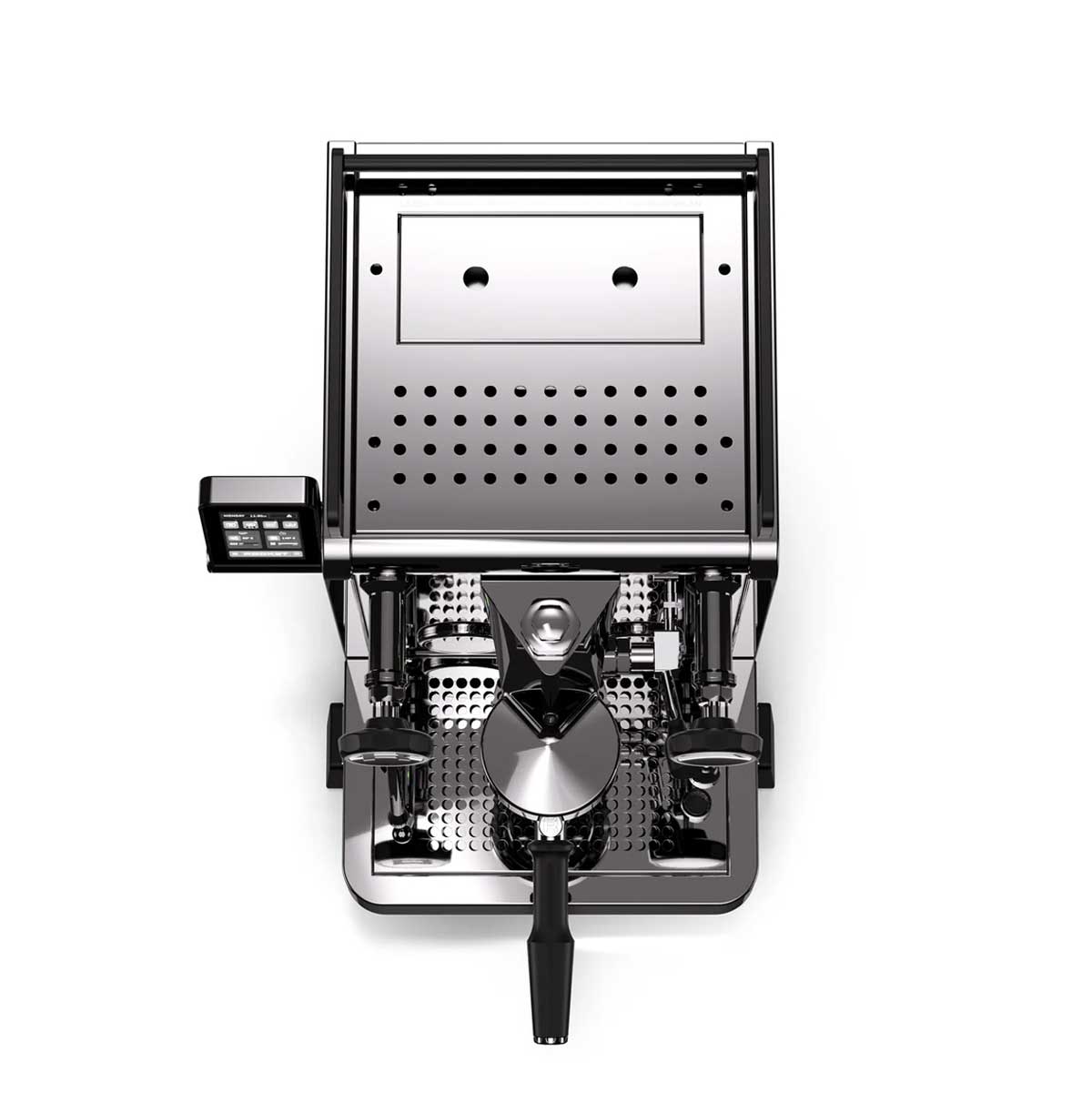 A top-down view of a sleek, modern espresso machine with a brushed silver metal body and black accents, set against a solid white background.