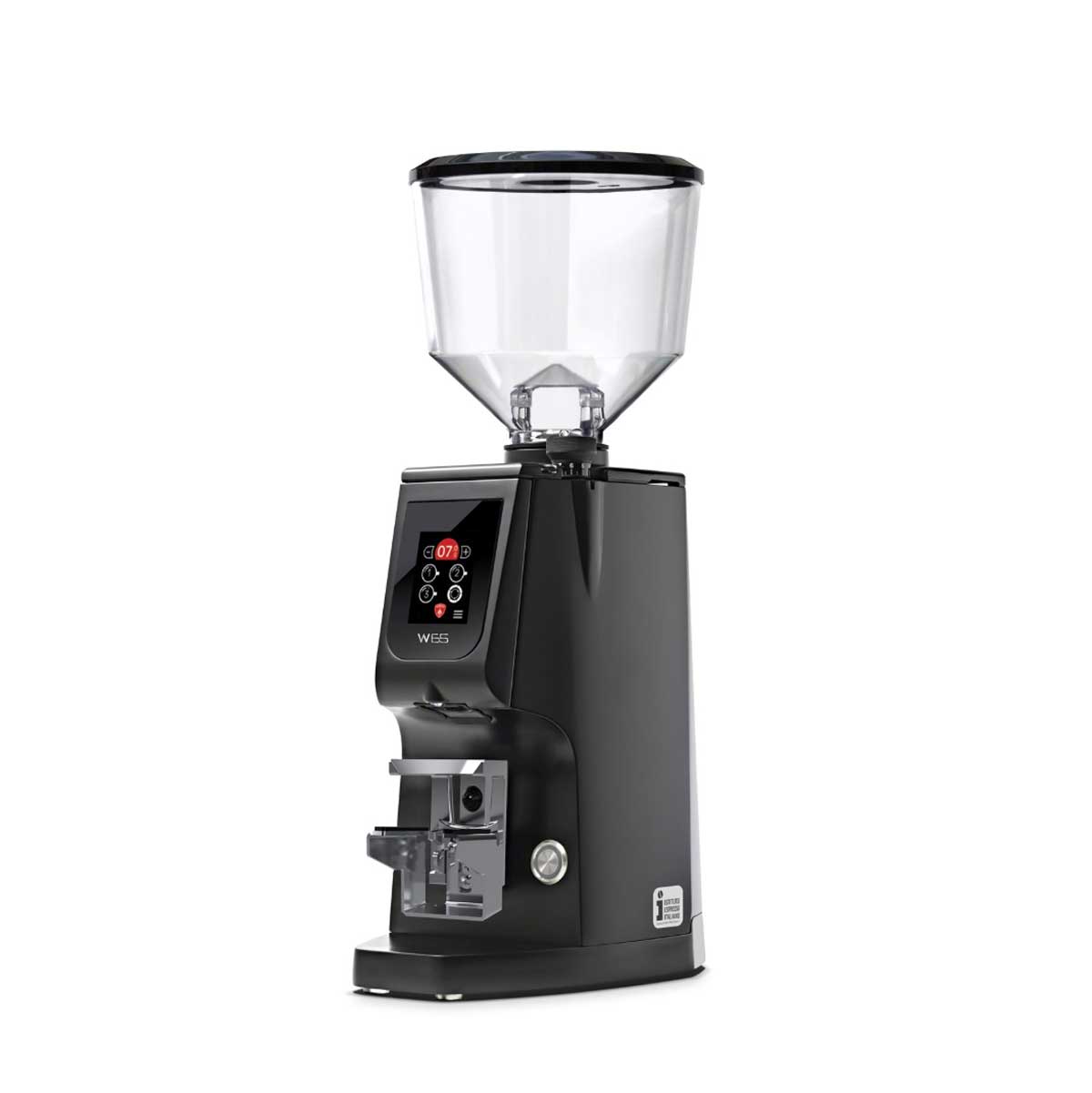 Black coffee grinder with clear top on a white background