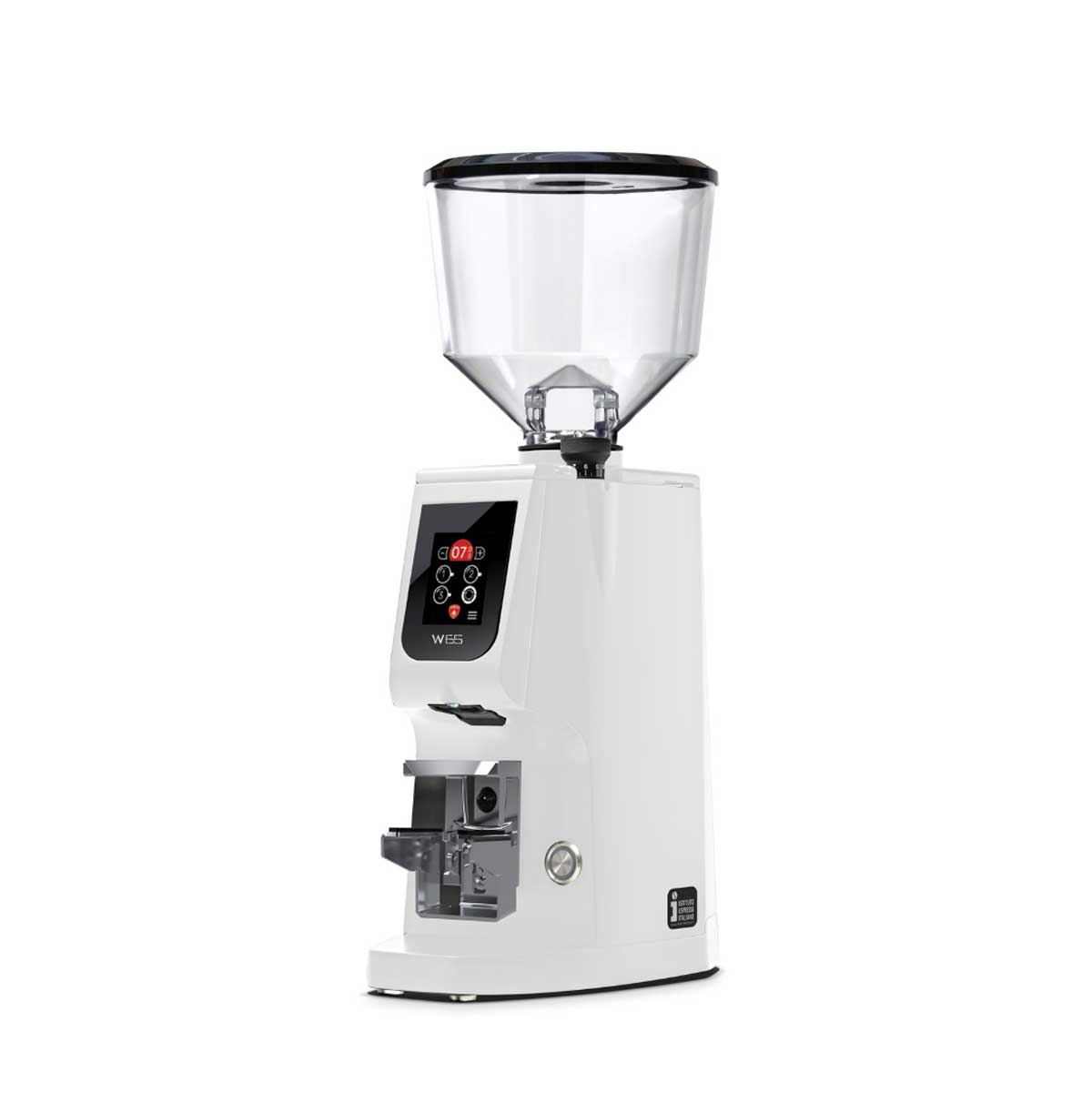 White coffee grinder with clear top on a white background