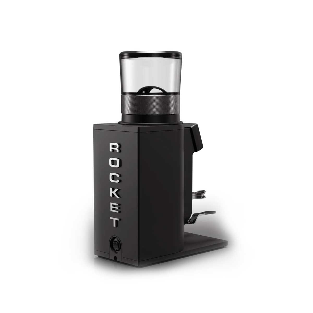 A black Rocket coffee grinder with a clear bean hopper on a white background.