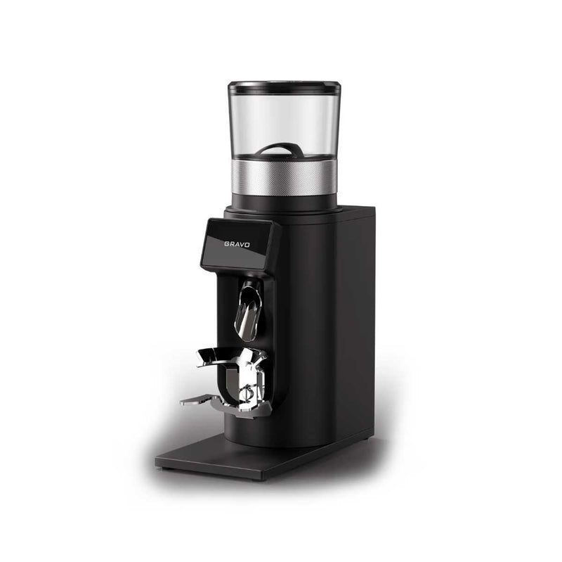 A black Bravo coffee grinder with a clear bean hopper and silver metallic accents, shown on a clean white background.