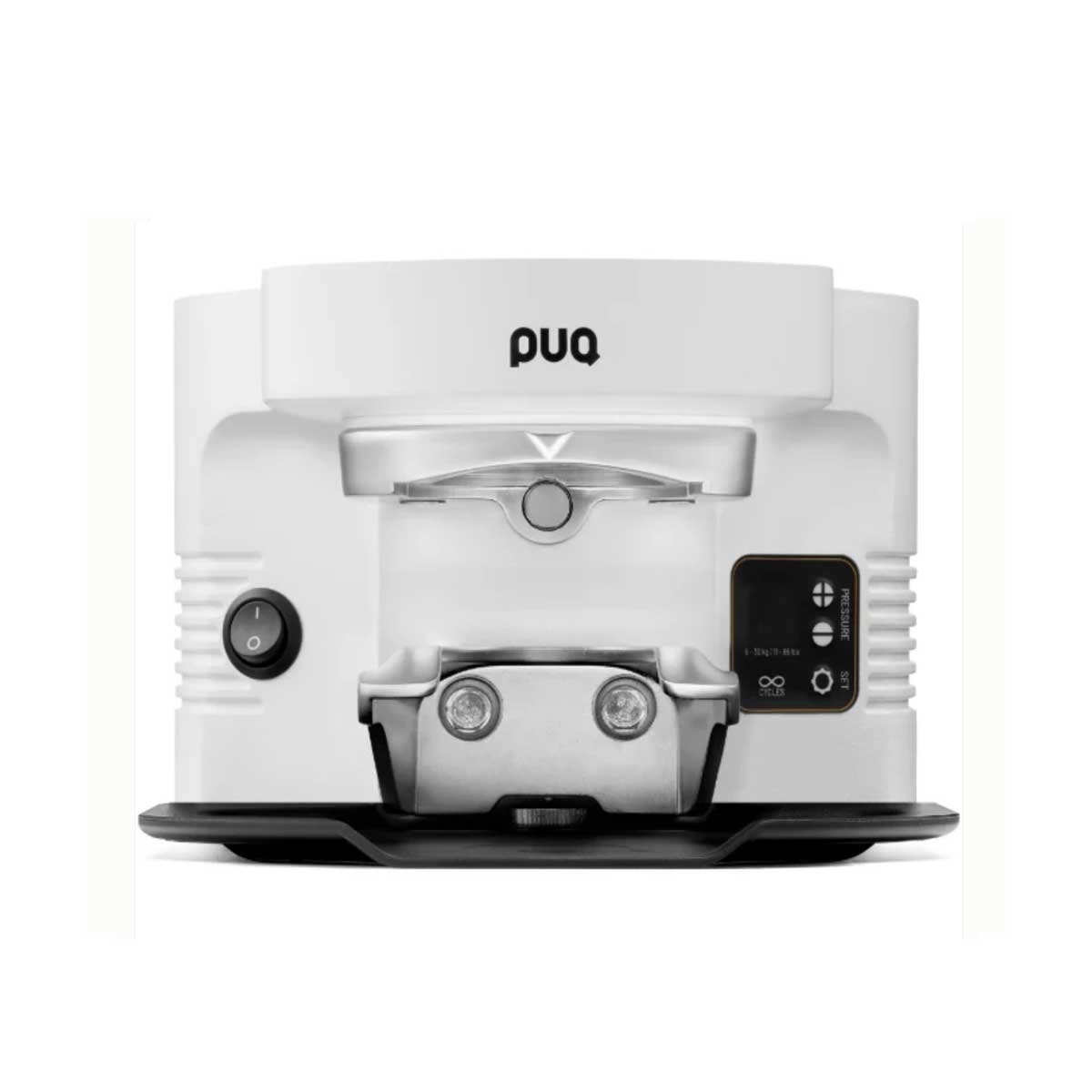 A white and silver PUQ coffee machine with a black control panel and base, shown from a front-facing perspective on a white background.