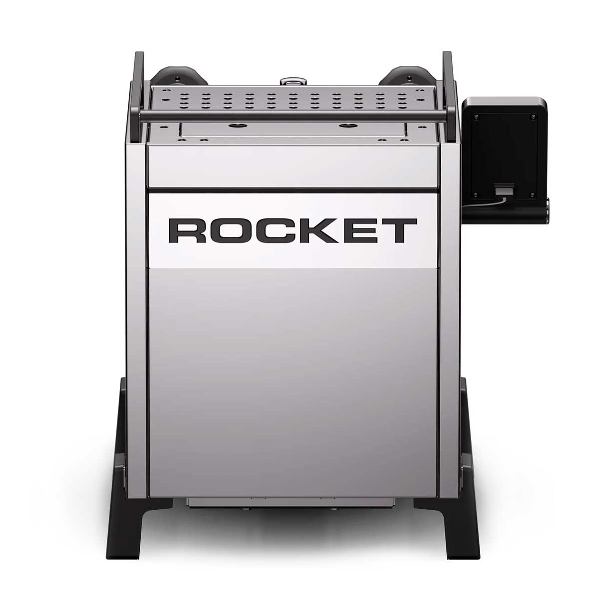 A Rocket brand stainless steel and black industrial machine or grill unit, shown from the front on a clean white background.