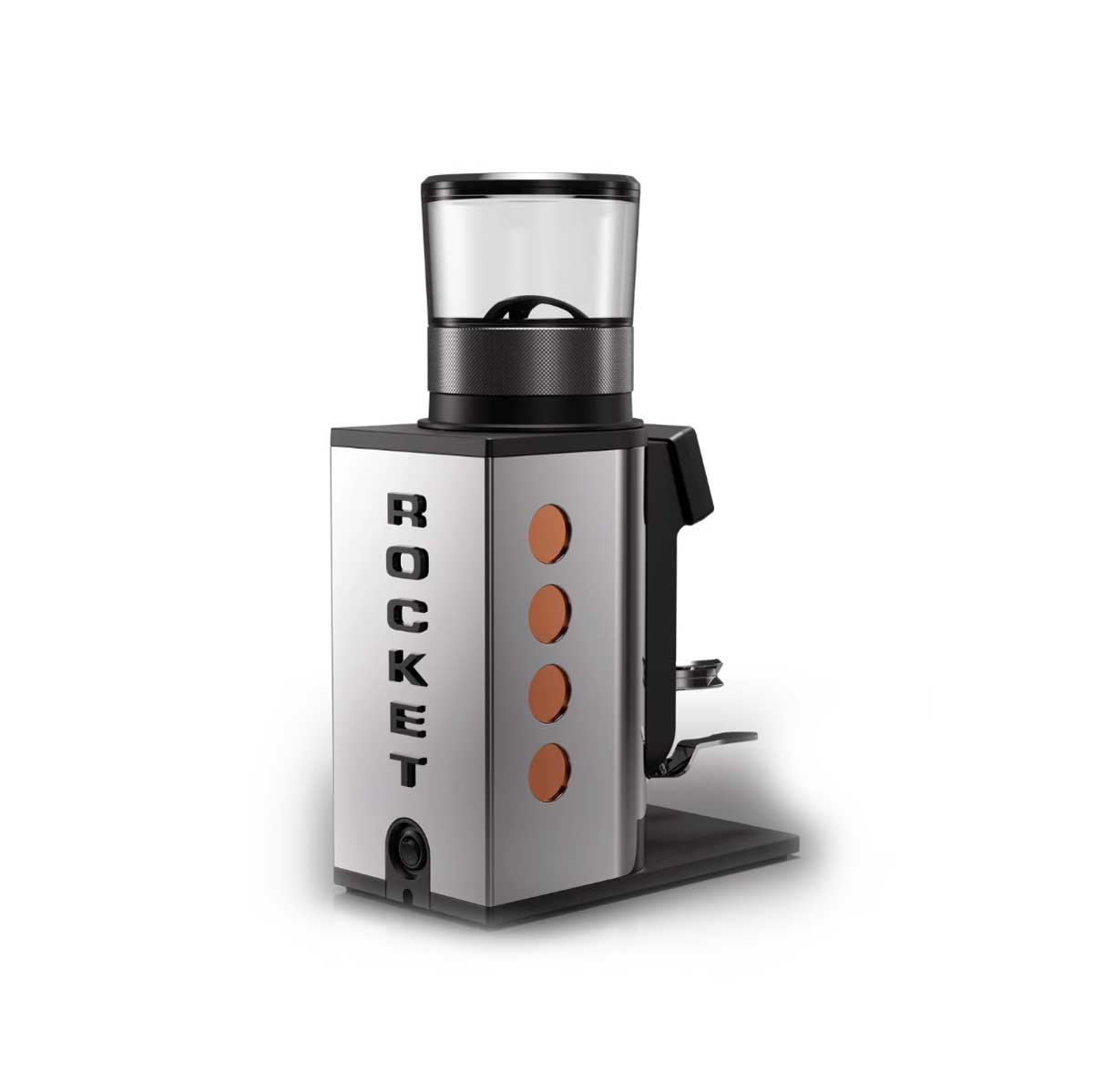 A Rocket coffee grinder with a brushed silver metal body, black plastic components, and three circular copper-colored buttons on the front, shown on a white background.