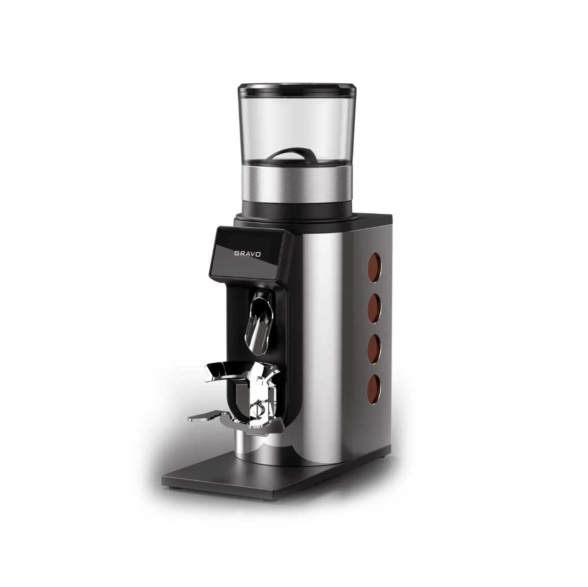 A professional espresso grinder with a brushed silver metal body, black plastic components, and a clear bean hopper on top, shown against a plain white background.