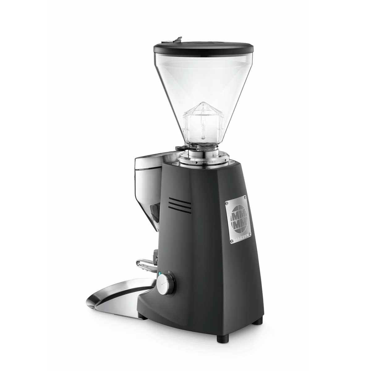 A black electric coffee grinder with a clear hopper, silver metal components, and a foot pedal, shown on a solid white background.