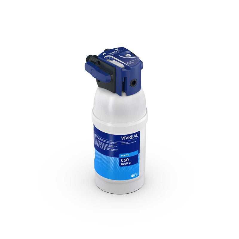 A Vivreal C50 Nafion reverse osmosis water filter cartridge, featuring a white cylindrical body, a blue and white label, and a blue top assembly with a black handle, shown on a white background.