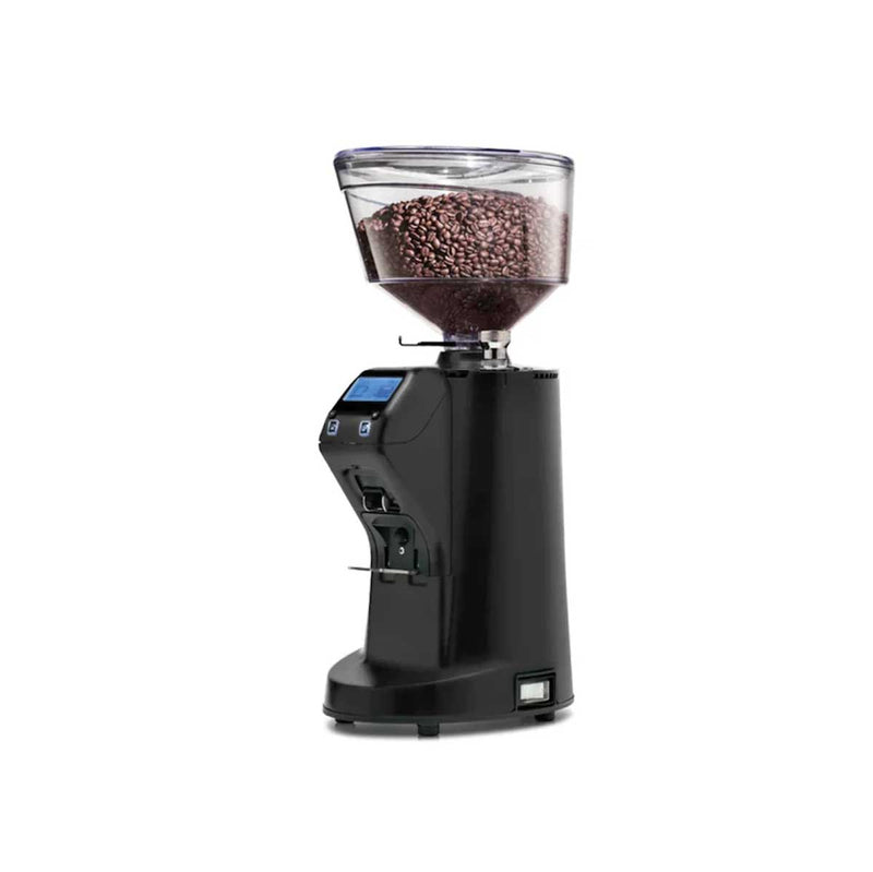 Black coffee grinder with a clear container of coffee beans on a white background