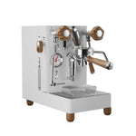 A white espresso machine with wooden accents and a stainless steel portafilter, shown on a plain white background.