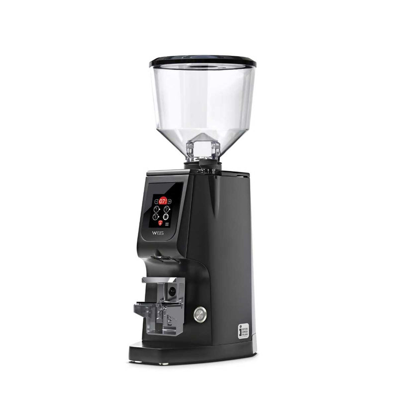 Black coffee grinder with clear top on a white background