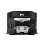 A black and silver countertop coffee maker by PUQ, shown from a top-down view on a white background.