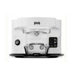 A white and silver PUQ coffee machine with a black control panel and base, shown from a front-facing perspective on a white background.