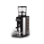 A professional espresso grinder with a brushed silver metal body, black plastic components, and a clear bean hopper on top, shown against a plain white background.